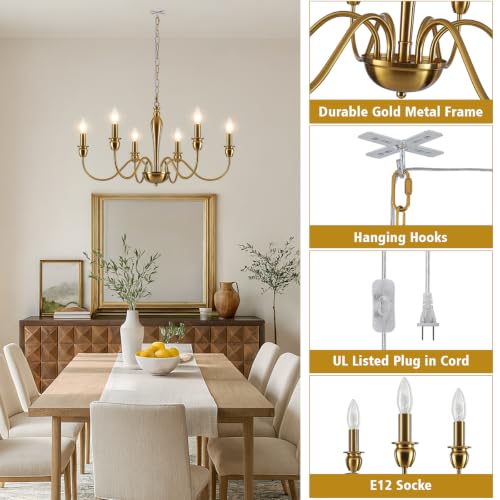 Image of ETONIMERR 6 Lights Plug in Chandelier Gold Plug in Hanging Light Fixture