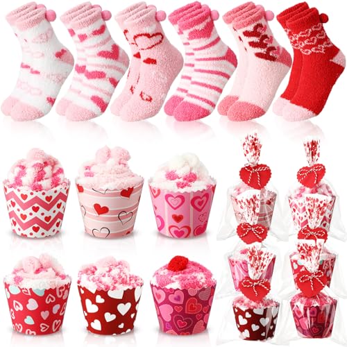 Image of 6 Pairs Valentine's Day Cupcake Socks Fuzzy Sock with Cupcake Card DIY Gift Slipper Stockings for Winter Women Men