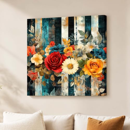 Image of PAINTINGMANTRA Vintage Floral Roses Stretched Canvas Painting for Living Room | Botanical Flower Artwork Wall Decor Art For Livingroom, Bedroom, Office, Hallways - 22x22 Inch