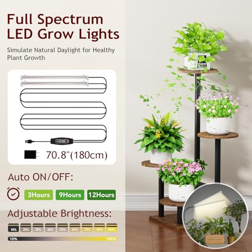 Image of Homsorout Plant Stand Indoor with Grow Light,4-Tiered Tall Plant Stand Indoor, Metal Plant Shelf with Adjustable Light, Ideal for Living Room, Garden, Patio (Black Brown)