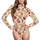 Gugusary Russian Nesting Dolls Women's Bodysuit Turtleneck Leotard Top Long Sleeve Bodycon Jumpsuit Slim Fit Stretchy Romper XL