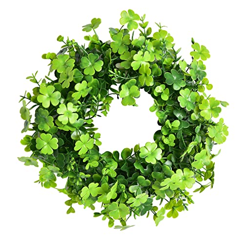 LSKYTOP Artificial Green Wreath with Four-Leaf Clover 12Inch Hanging Wreath for Front Door Wall Window Decor (Green)