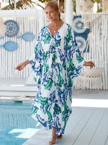 Image of IMAGEKOPE Women's Plus Size Animal Print V-Neck Batwing Kaftan Beach Dress Bathing Suit Cover-Up Loungewear