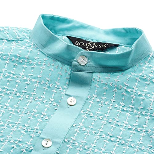 Image of SOJANYA (Since 1958, Men's Pure Cotton Blue Kurta with White Embroidery