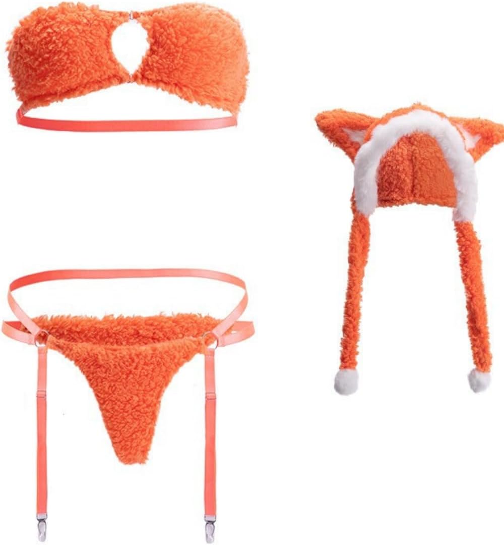 SNOMYRS Plush Sexy Cat Outfit for Women Kawaii Lingerie Furry Hat Bra Top Set Fox Cosplay Halloween Costume Valentine Gift