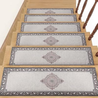 Hittun Non Slip Stair Treads Indoor,Rubber Carpet Stair Treads for Wooden Steps 15 PCS Boho Stair Runners for Kids Elders Dogs 8"x30"