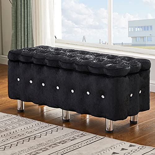 Banco otomano de almacenamiento con botones y capacidad de 90 L, reposapiés tapizado para sala de estar, dormitorio, patas de metal negro, 35 x 16 x 17 pulgadas