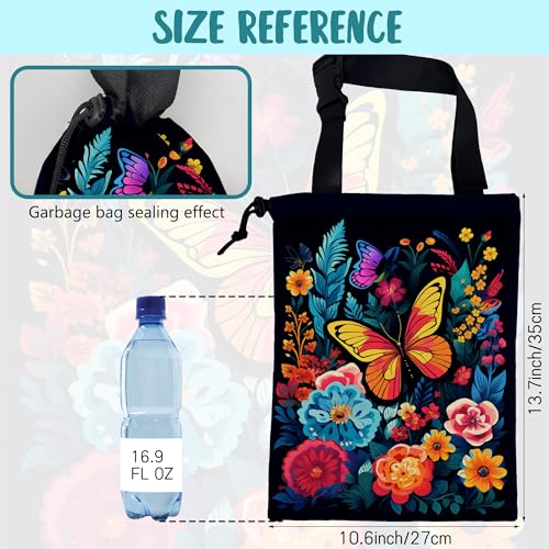 Image of Car Garbage Bag Colorful Flowers and Butterflies Hanging Canvas Car Trash Bag Waterproof Drawstring Car Back Seat Organizer for Car Back Front Seat Console with Adjustable Buckle