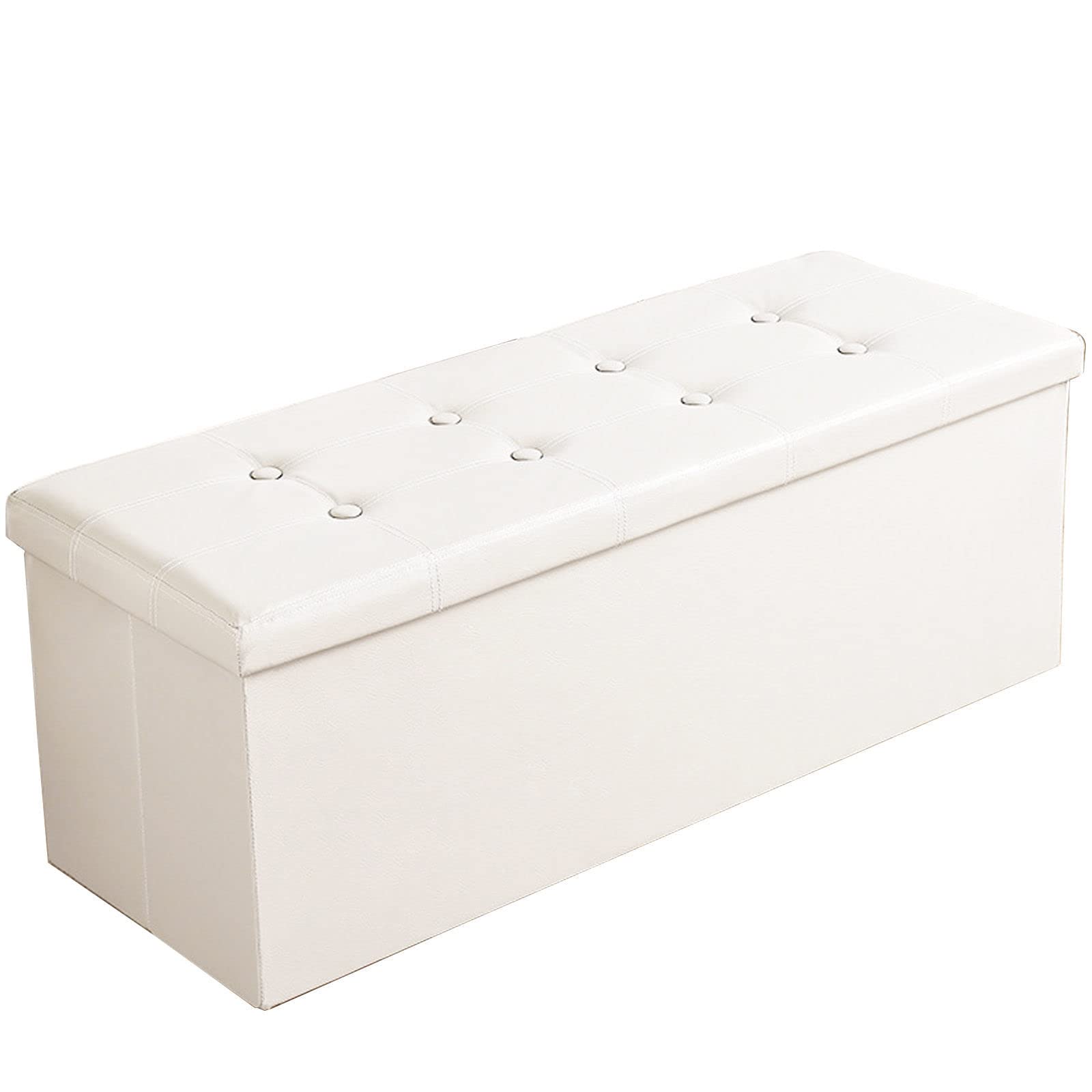 Banc de rangement en cuir blanc 176L coffre | Pouf repose-pieds de salon