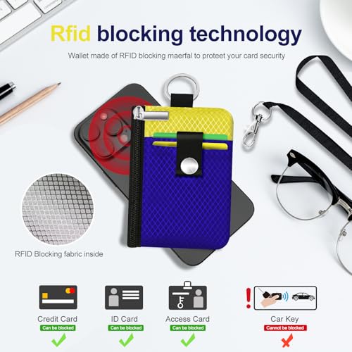 Image of Minimalist RFID Blocking Small Wallet with ID Window,WaterResistant Zip Id Case Wallet with Lanyard Keychain for Cards,Cash,Travel,Women,Men (Sapphire Blue /Lemon Yellow)