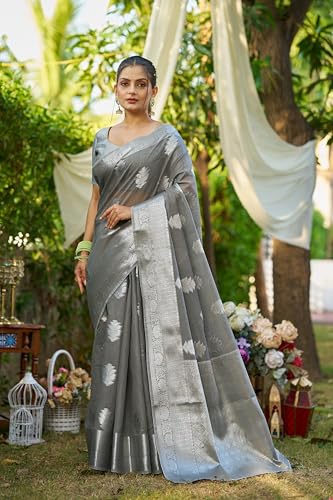 Image of SWORNOF Women's Pure Silk Saree With Blouse Piece