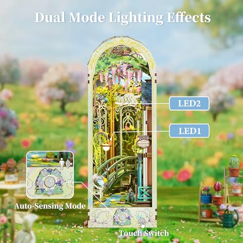 Image of Tonecheer DIY Book Nook Kit for Adults, 3D Puzzle Wooden Miniature House Kit, Booknook Dollhouse Bookshelf Insert Decor Bookend with Dust Cover and LED Lights Gifts (Giverny Garden)