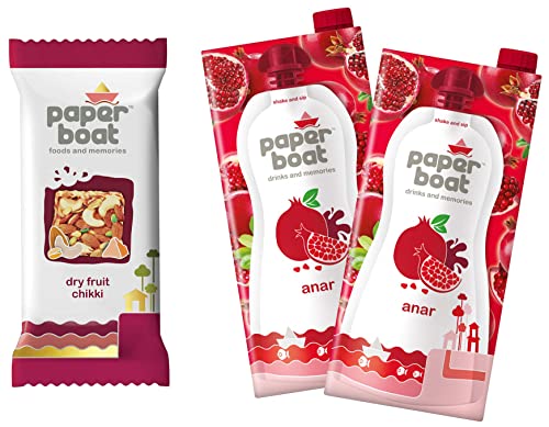 Image of Paper Boat Dry Fruit Chikki, No Added Preservatives and Colours | Gajak | Sweets (Pack of 10, 25g each=250g) & Anar, Pomegranate Fruit Juice, No Added Preservatives and Colours (Pack of 2, 1L Each)