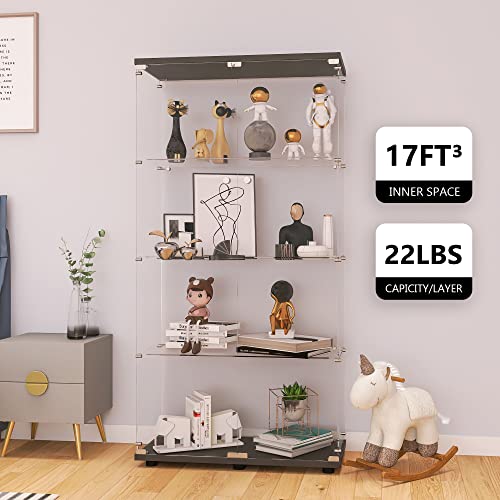 Lft Huimei2Y Glass Display Cabinet 4-Shelf With Double Door, Curio Cabinets Fast Installation In 30 Mins, 5Mm Tempered Glass Floor Standing Bookshelf For Bedroom, Living Room 64.7”X 32”X 14.4” Black #TOP2