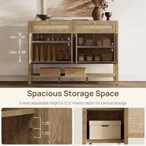 Image of SICOTAS Rattan Sideboard Buffet Cabinet with with Open Storage - Larger Coffee Bar Cabinet Credenza with Drawers, Farmhouse Boho Buffet Console Table for Living Room, Entryway, Kitchen (2 PCS)