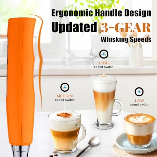 Image of Nahida Orange Milk Frother Wand for Coffee, Frother Handheld Rechargeable Electric Whisk with 3 Heads 3 Speeds Drink Mixer Coffee Frother Foam Maker For Latte, Cappuccino, Hot Chocolate, Egg