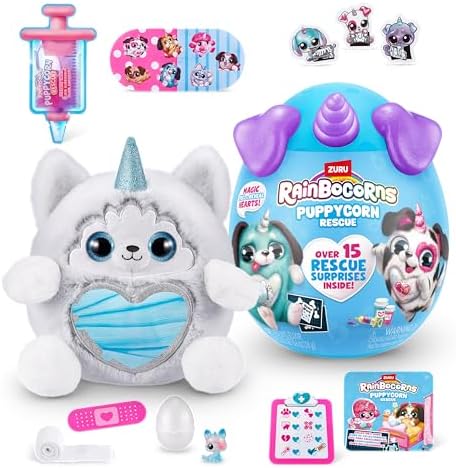 Rainbocorns Puppycorn Rescue Surprise, Miss T the Husky - Collectible Plush - Over 12 Surprises, Peel and Reveal Heart, Stickers, Syringe Slime, Ages 3+ (Husky)