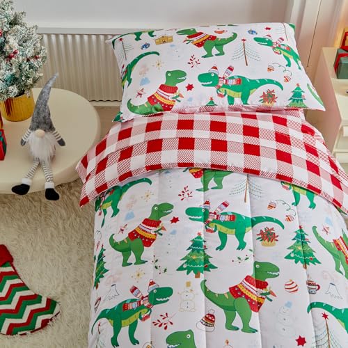 Image of Christmas Toddler Bedding Set for Boys Girls Green Dinosaur Colorful Holiday Toddler Bed Set - Soft Toddler White Bed in a Bag with Red Plaid Sheet Set and Pillow Shams