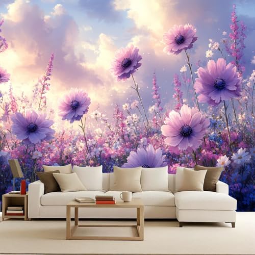 Papel Pintado Pared 3D Papel Flores moradasTejido No Tejido 250x175 cm Plantas Fotomurales 3D Tv Fondo Pared Dormitorio Murales Papel Tapiz Mar de Flores Moderno