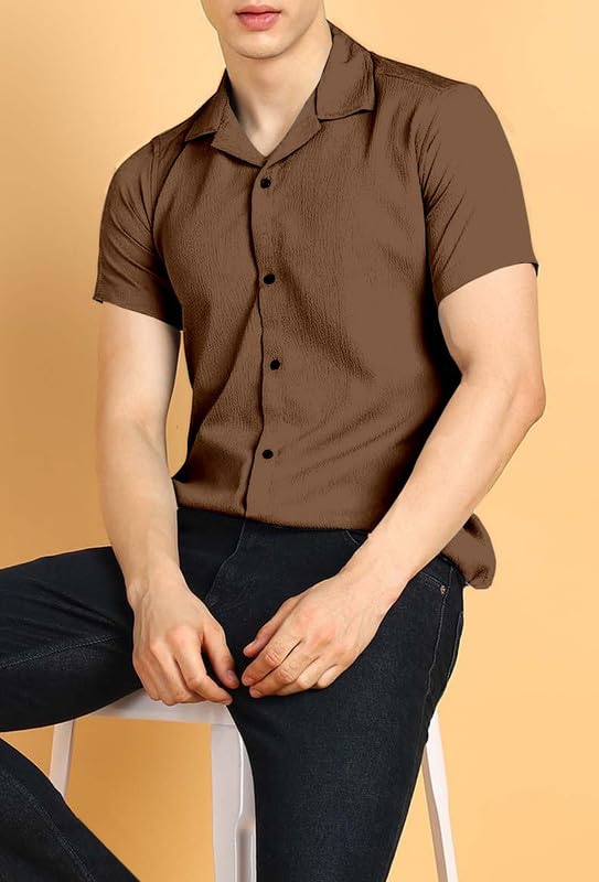 Image of COMBRAIDED Men's Solid Cotton Blend Half Sleeve Shirt - Regular Fit Casual Button-Down Shirt for Office & Travel - Summer & Spring