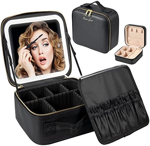 Extrei Gent Makeup Travel Train Case with Mirror LED Light 3 Adjustable Brightness Cosmetic Bag Portable Storage Adjustable Partition Waterproof Makeup Brushes Makeup Jewelry Gift for Women