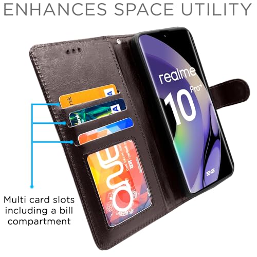 Image of Pikkme Realme 10 Pro Plus 5G Flip Cover Leather Finish | Inside TPU with Card Pockets | Wallet Stand and Shock Proof | Complete Protection Flip Case (Coffee)