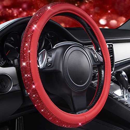 Image of CAR PASS Bling Diamond Leather Steering Wheel Cover, with Bling Sparkly Crystal Glitter Rhinestones Universal Fit 14 inch 1 /2-15 inch Car Wheel Protect for Women Girl Fit Suvs,Vans,Sedans,Cars,Trucks, Red