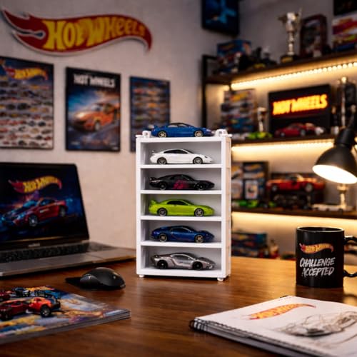 Image of 5-Car Display Rack - Premium Matte Black Tabletop Organizer with Tire Slots & Side Guards for 1:64 Scale Diecast Cars (Hot Wheels, Matchbox, Tomica,)(NO CAR INCLUDED) (White)