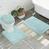 ITSOFT 3pc Non-Slip Shaggy Chenille Bathroom Mat Set, Includes 24 x 21 Inches U-Shaped Contour Toilet Rug, 34 x 21 Inches Bathmat and 1 Toilet Lid Cover, Spa Blue