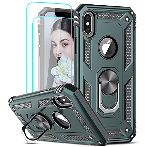 LeYi Compatible for iPhone X Case for Men Boys, iPhone Xs Case with [2 Pack] Tempered Glass Screen Protector, [Military-Grade] Phone Case with Ring Kickstand for Apple iPhone X Xs 10, Midnight Green