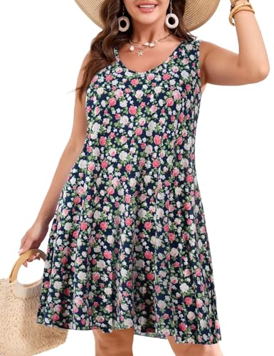 Image of JollieLovin Women Plus Size Curvy Summer Tank Sun Dresses Sleeveless Causal T-Shirt Dress Beach Swing Cover up(L-5X)