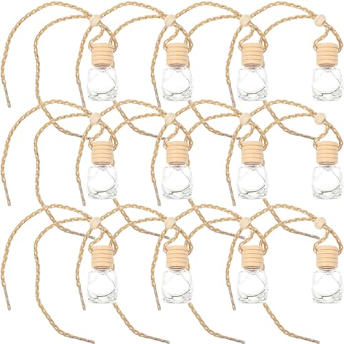HANABASS Botellas de Perfume Colgantes de Vidrio Transparente y Tapa de Madera Cuerda Difusor Decorativo Compacto para Coche 12 Unidades Frascos de Aroma Delicado para Ambientador