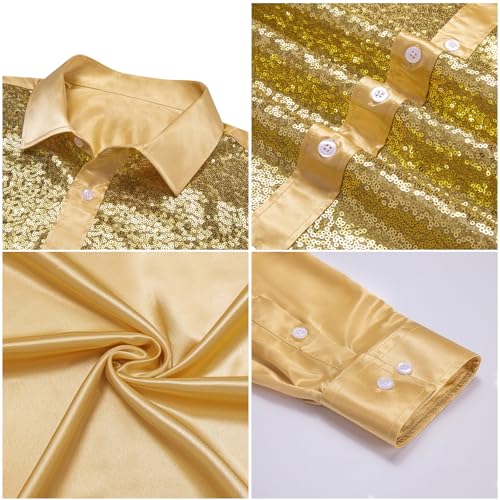 Barry.Wang Mens Disco Shirt Sequins Satin Shiny Metallic Long Sleeve Button Down Shirts 70s Vintage Cocktail Nightclub Rock 6