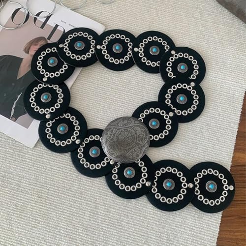 Black Western Pu Leather Belt Wide Vintage Boho Hollow Oval Cowboy Disc Fashion Waist Chain Belts with Alloy Buckles for Women Dress Jeans Costumes Party Club Cosplay Accessories3