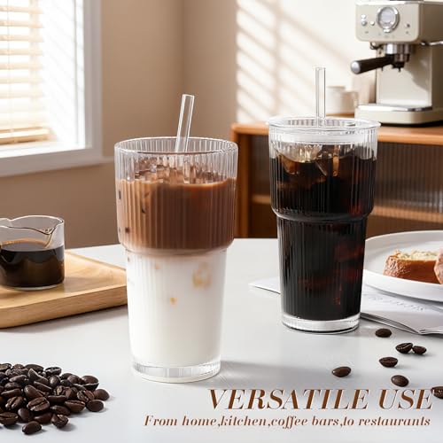 Image of Iced Coffee Cups with Lids: Ribbed Glass Tumbler with Straw and Lid 4Pcs,Coffee Bar Accessories,20oz Leak Proof Tumbler - Reusable Glass Cups and Tumblers with Lids and Straws for To Go Iced Coffee