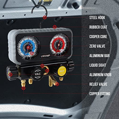 Lichamp Hvac R410A Manifold Gauge Set Ac R134A, Freon R22 R32 410A 134A Diagnostic Manifold Gauge With Hose Kit Air Conditioner Refrigerant Recharge Kit #TOP3