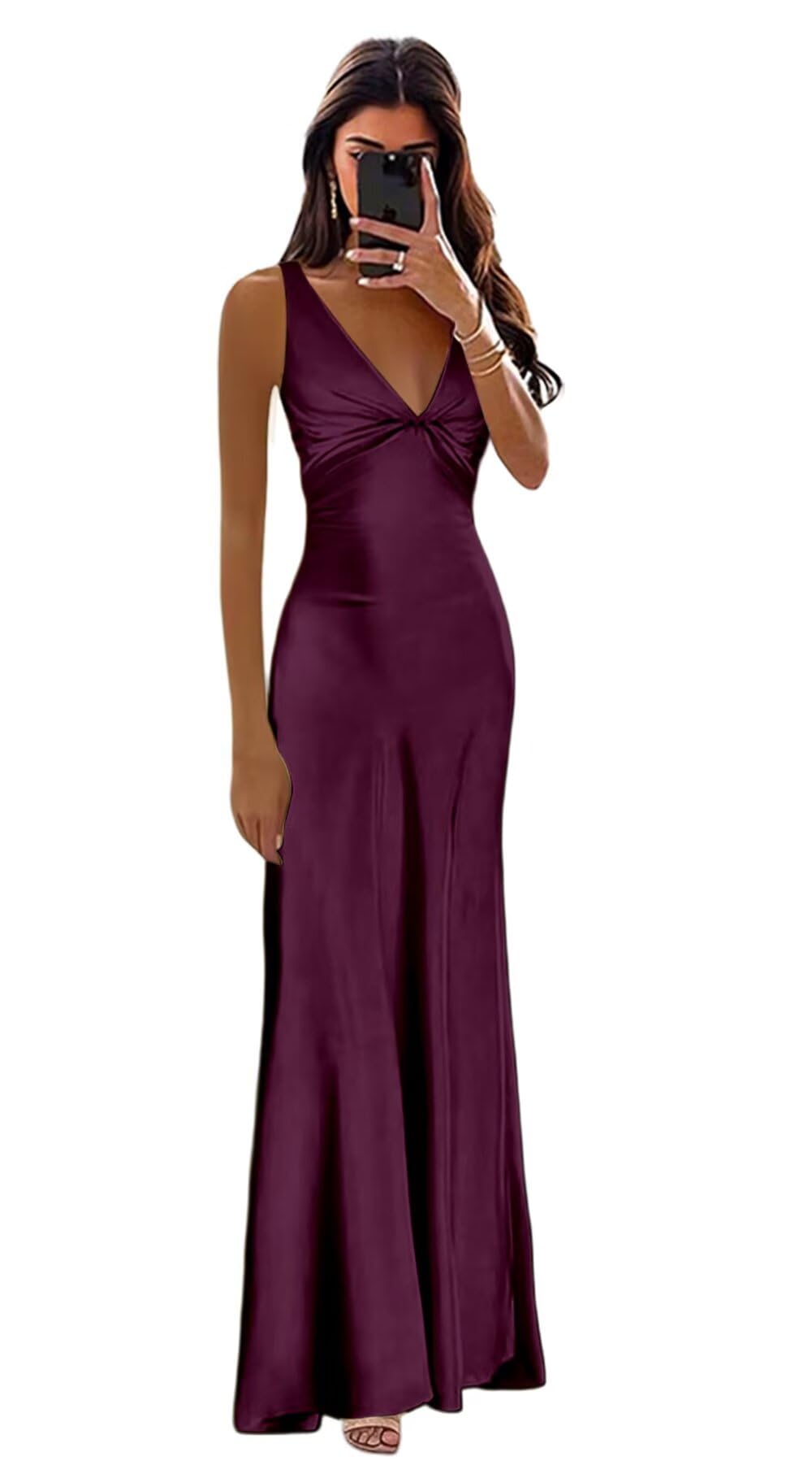 Women's V Neck Pleated Satin Bridesmaid Dresses Long with Bow Mermaid Empire Waist Formal Prom Evening Gowns