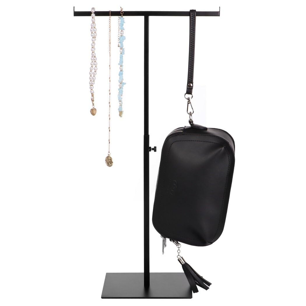 Lnrueg Purse Display Stand with Adjustable Height Countertop T-Bar Jewelry Stand Display Long Necklace Holder T Shaped Handbag Rack Bracelet Organizer Stand, Black