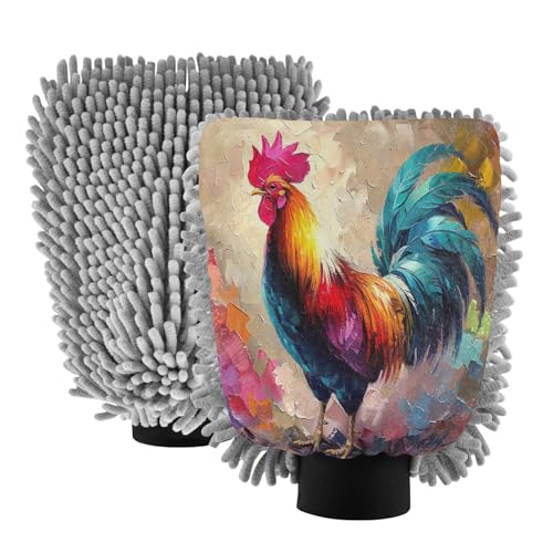 Hezely Rooster Oil Painting Car Wash Mitt, 2PK Scratch Free Lint-Free for Car Washing and Detailing