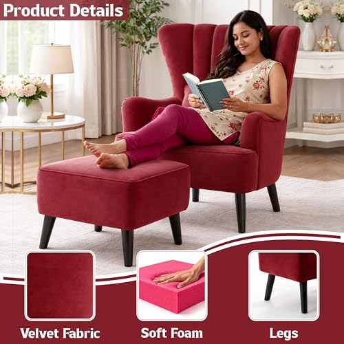 Image of Rosebell Velvet Accent Chair with Ottoman - Modern Upholstered Lounge Chair with High Back, Tufted Design & Comfortable Reading Chair for Living Room, Bedroom, Office-Red