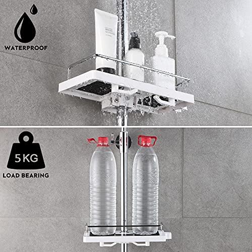 DUFU Bathroom Shelf, Shower Caddy No Drilling Shower Pole Shelf Bath Organiser with Buckle and Shower Head Hook Rustproof Storage Rack for 22mm-25mm Shower Rail Silver