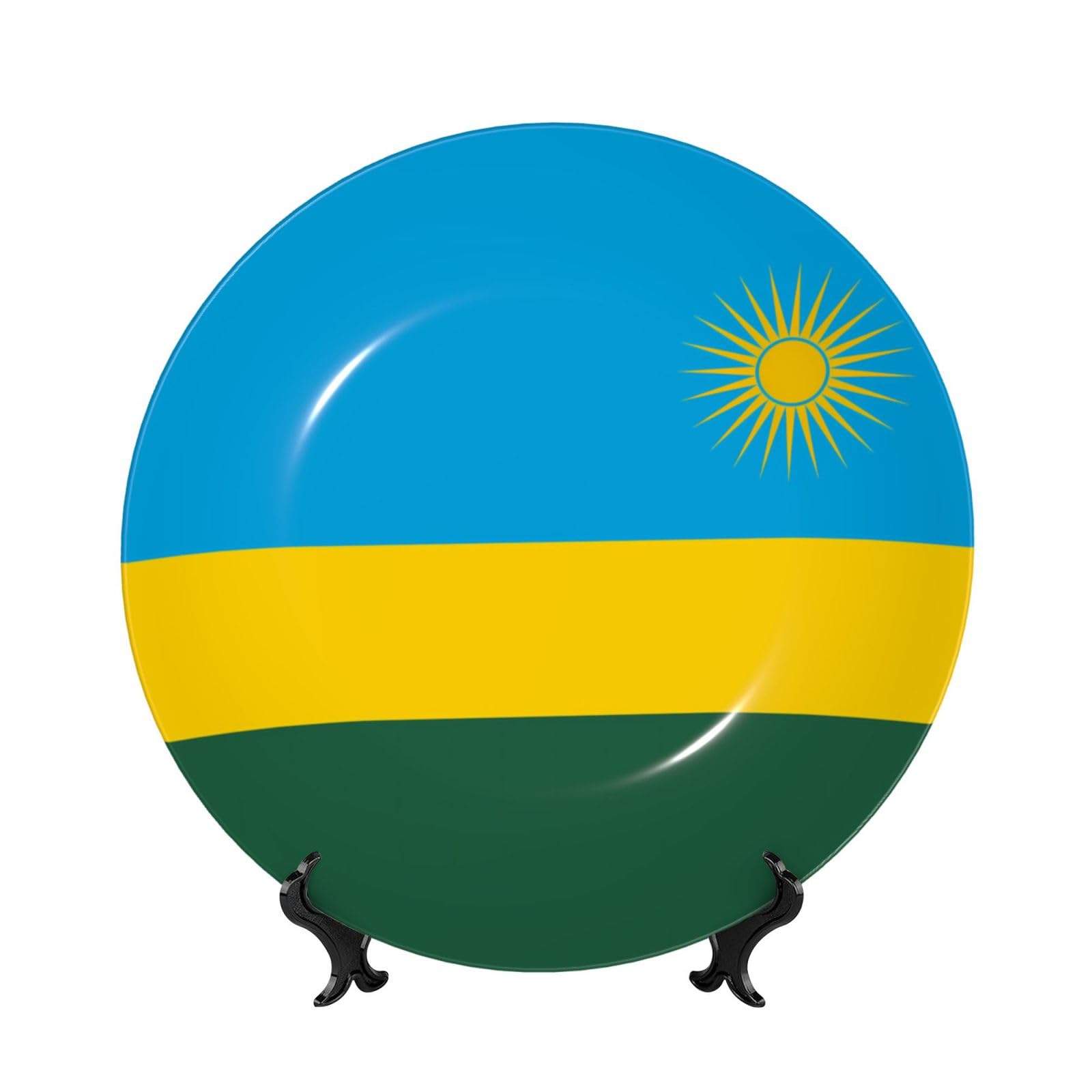 SXZVVBN Flag of Rwanda Bone China Decorative Plate Art with Stand Removable Adhesive Hanging for Home Office 7in