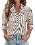 LOMON Womens 2026 Fashion Tops 3/4 Sleeve V Neck Work Blouses Business Casual Spring Summer Outfits Collared Tee Shirt (Brown White Stripe,XL)