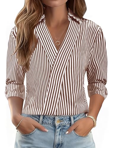 LOMON Womens 2026 Fashion Tops 3/4 Sleeve V Neck Work Blouses Business Casual Spring Summer Outfits Collared Tee Shirt (Brown White Stripe,XL)