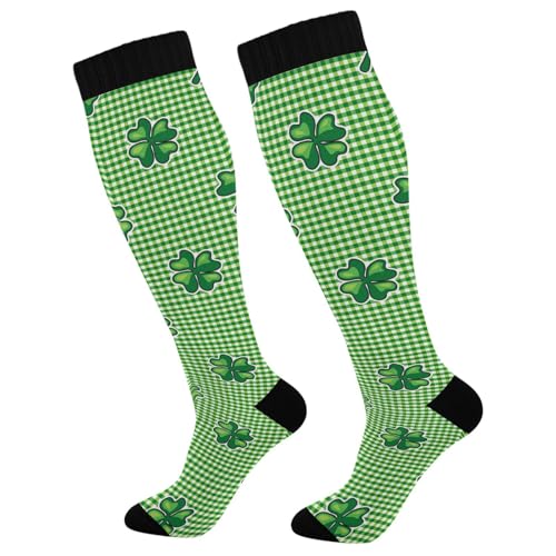 Dussdil Patricks Day Green Plaid Clover Compression Socks for Women Men Christmas Circulation Long Knee Socks for Winter Warm Stockings Socks