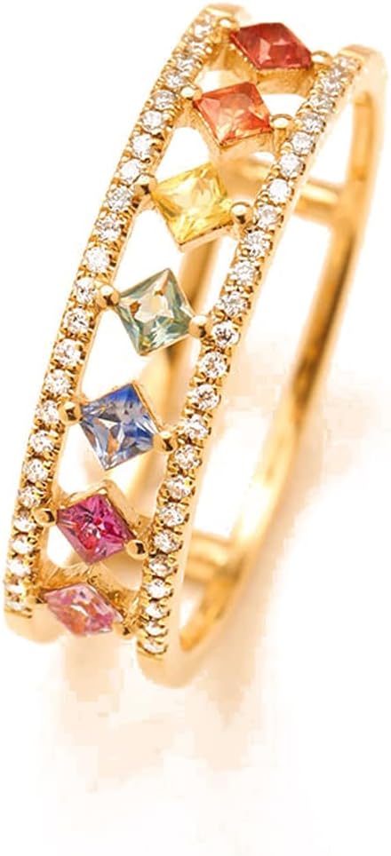 14K Gold Plated Multicolor Rainbow Colorful Chakra Square Cubic Zirconia Finger Ring for Women Girl Anniversary Birthday Jewelry Gift