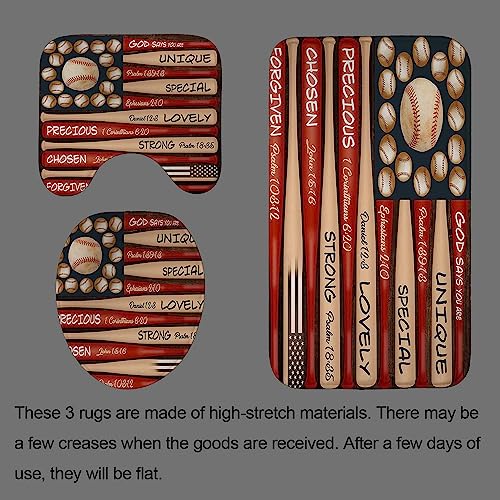 Jayden Madge 4Pcs/Set Baseball Shower Curtain, Vintage Inspirational Quotes American Sports Theme Wooden Board Farmhouse Bathroom Decor, Non-Slip Bath Rugs Toilet Mat, Usa Flag #TOP3