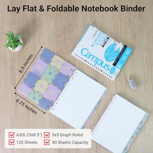 Image of KOKUYO SOU SOU 2x2 Spiral Binder Notebook, A5 Refillable Binders with 100 Sheets 6mm Dot Ruled Loose leaf Paper. Pre-Packed 10 Sheets in 8mm Ruled, Notebooks for School & Work