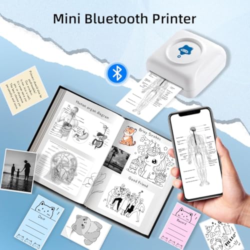 vretti Mini-Drucker TP2-Y Thermodrucker, Aufkleberdrucker kompatibel mit Android & iOS, Mini-Fotodrucker mit 10 Etikettenrollen, tragbarer Taschendrucker für iPhone Arbeitsnotizen Journal Reisen
