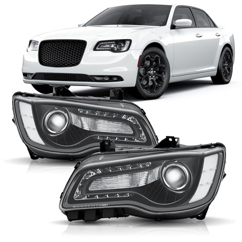corkiauto Headlights Assembly Compatible with 2011-2023 Chrysler 300 300C Halogen Model Projector Headlamp w/LED DRL Driver & Passenger Side Black Housing Clear
